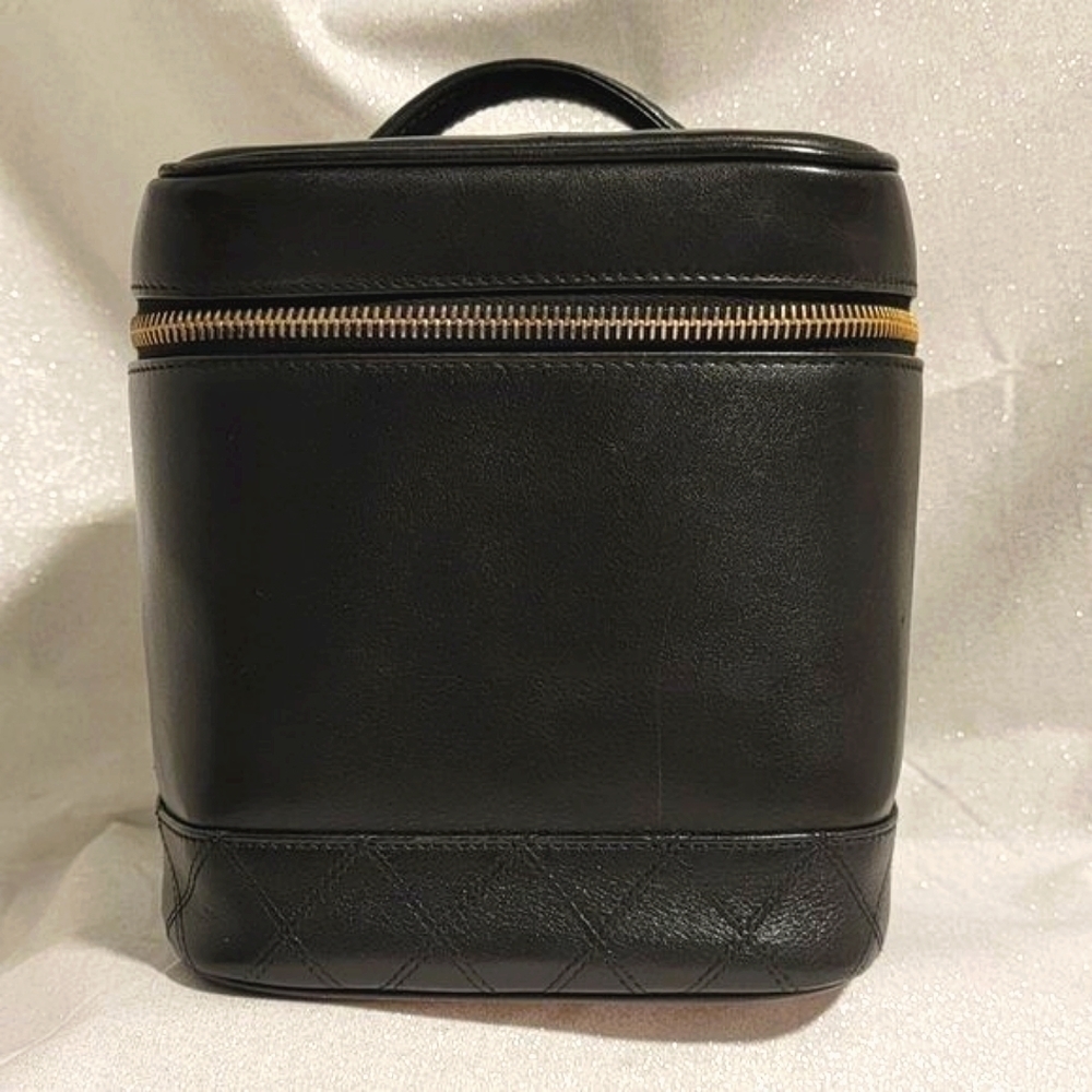 Authentic CHANEL Black Lambskin Leather Vanity Case